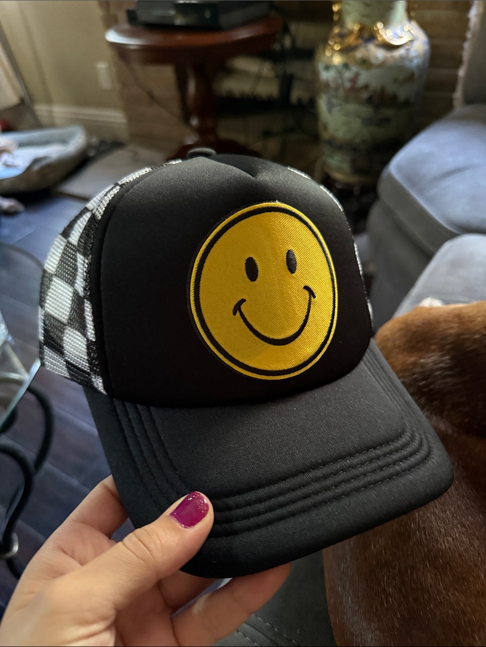 Black Trucker Hat with Yellow Smiley Face unisex beach fun SnapBack adult/kids